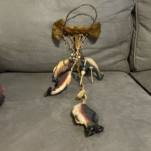 2Wooden1 straw Fish On Fishing Net Wall Hanging lake cabin bundle HG72 hg005 - Picture 3 of 8